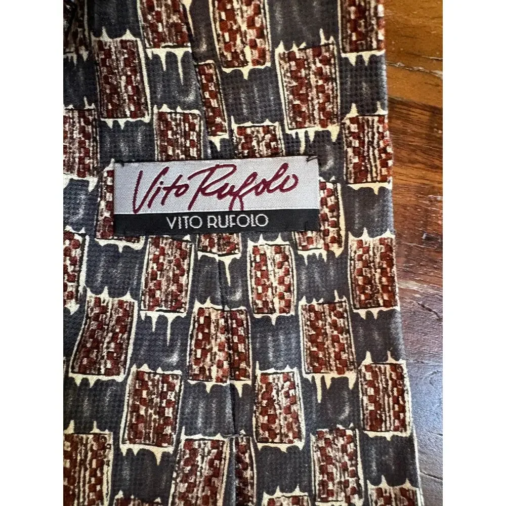 Vito Rufolo 100% Silk Tie Made in Italy Gray Rust Geometric Print 62” Long
